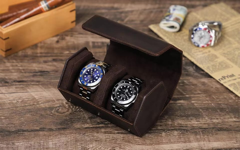 Vintage Leather Hexagonal Watch Roll Duo